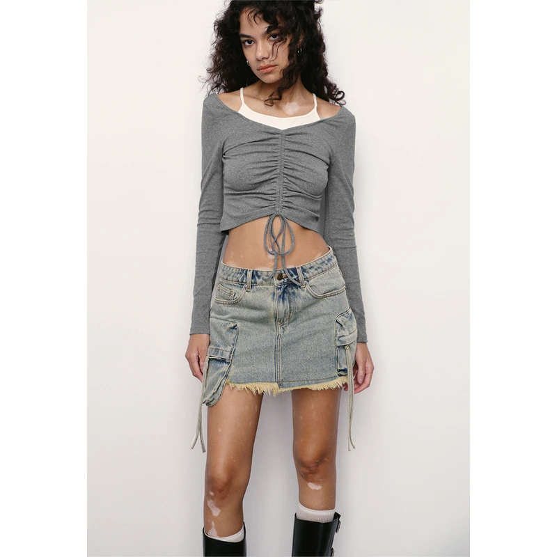 UR秋冬新款女装美式纯欲拼接假两件短款修身正肩T恤UWL430119