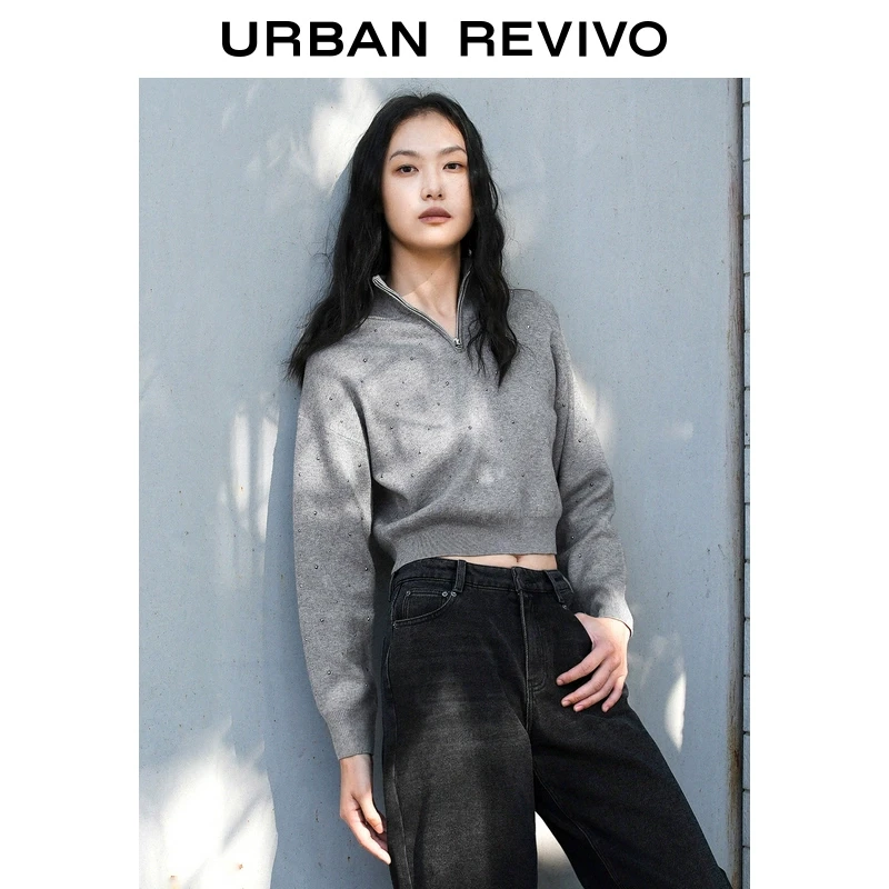 UR冬季新款女装时尚气质烫钻拉链半襟针织衫UYY940092