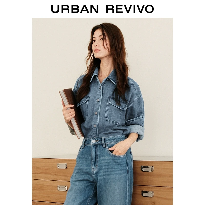 UR秋季新款女装复古休闲简约对称贴袋牛仔衬衫UWH840131