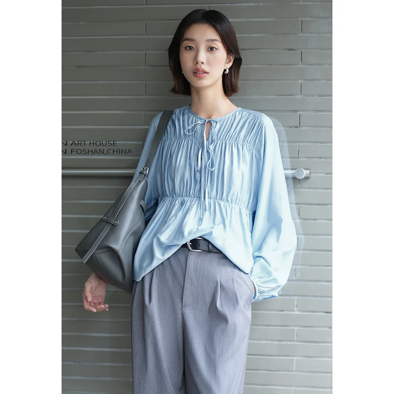 UR女时尚捏褶蝴蝶结系带长袖罩衫衬衫UWM240007