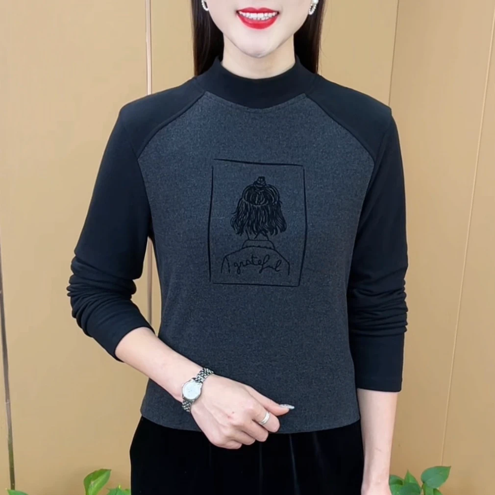 秋冬新款时尚半高领印花拼色打底衫气质显瘦双面保暖上衣M706