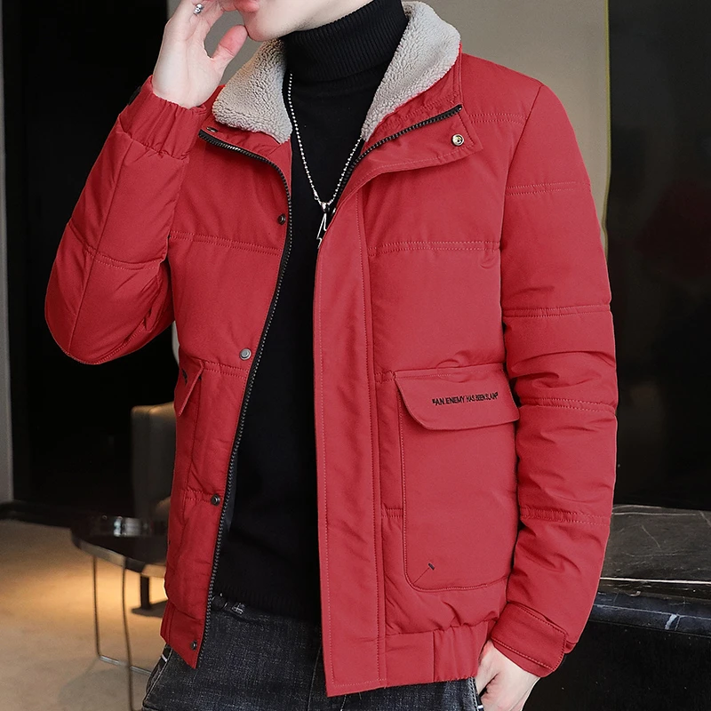 男士短款2024冬季加厚棉袄潮流羊羔绒翻领保暖大红色本命年棉服