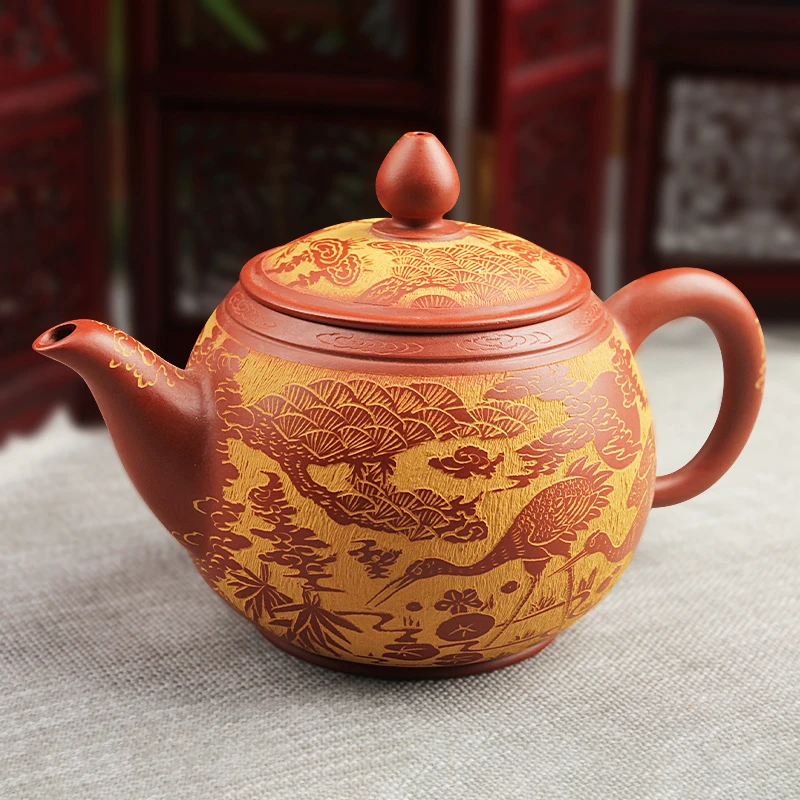 真迹台湾老师陈泰源纯手工雕刻仙鹤朱泥壶手拉胚单壶茶具紫砂壶