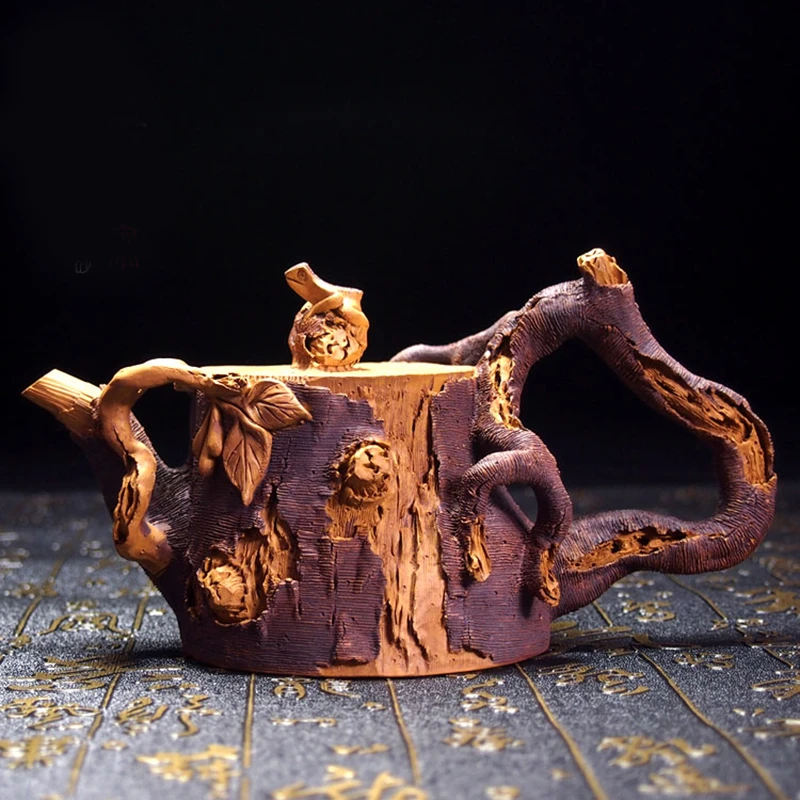 真迹手捏刻绘烧制手工紫砂壶仿木创意茶壶功夫茶具纯手工老物件