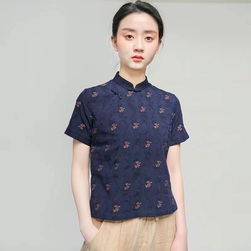 6184蓝底定制整版工艺刺绣红绿小碎花棉短袖复古改良旗袍女上衣