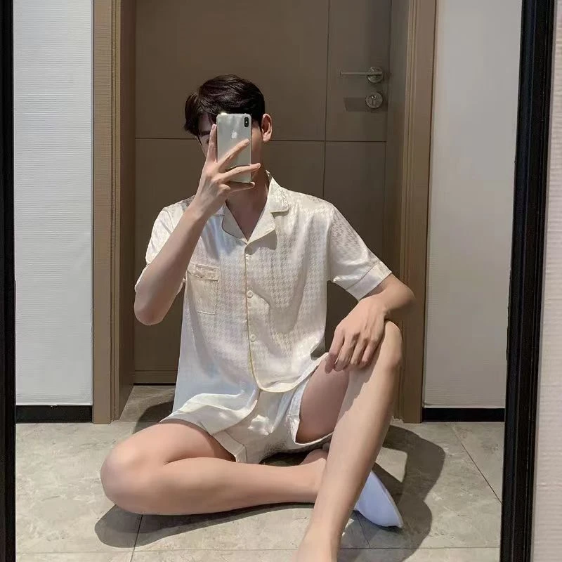 男士家居服套装简约小圆圈图案长袖男款睡衣