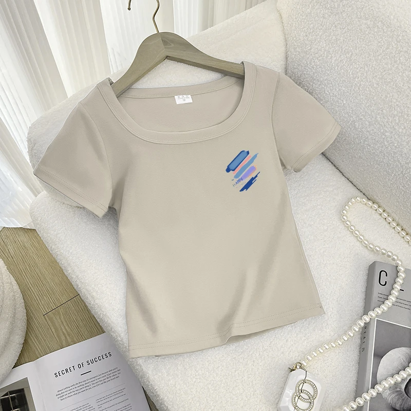 2025新洋气高腰百搭短款夏季修身设计感t恤女运动休闲小众印花ins
