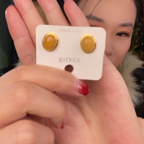 蜜蜡耳饰银S925镶嵌耳钉