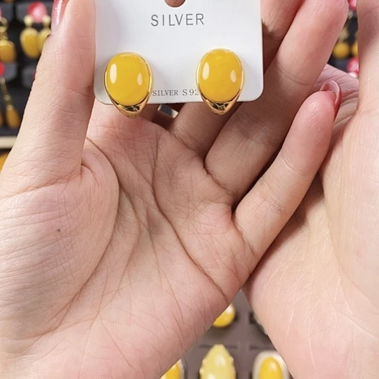 蜜蜡耳饰银S925镶嵌耳钉