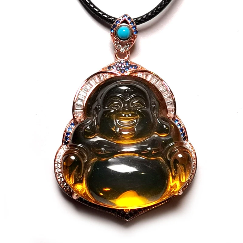 精美时尚气质高冰雕刻小佛公925银镶嵌琥珀女款吊坠