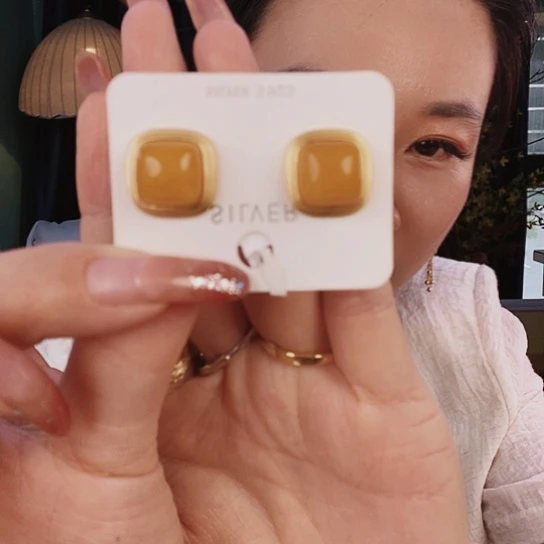 蜜蜡耳饰银S925镶嵌耳钉