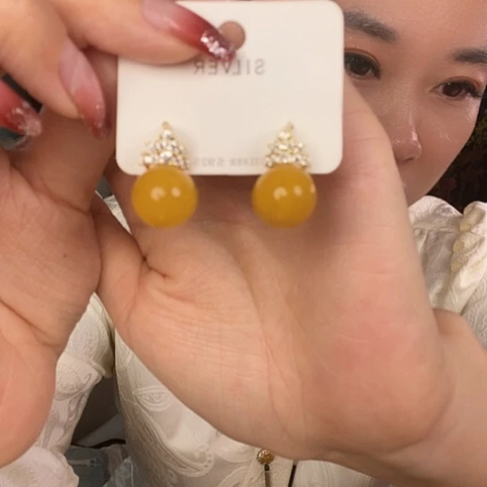 蜜蜡耳饰银S925镶嵌耳钉