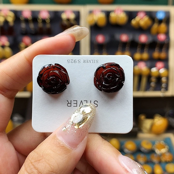 血珀耳饰银S925镶嵌耳钉