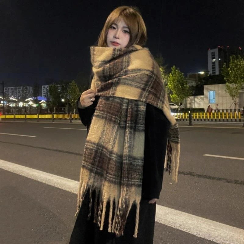 网红美拉德风高级格子围巾女复古时尚防寒保暖学生秋冬季围脖加厚