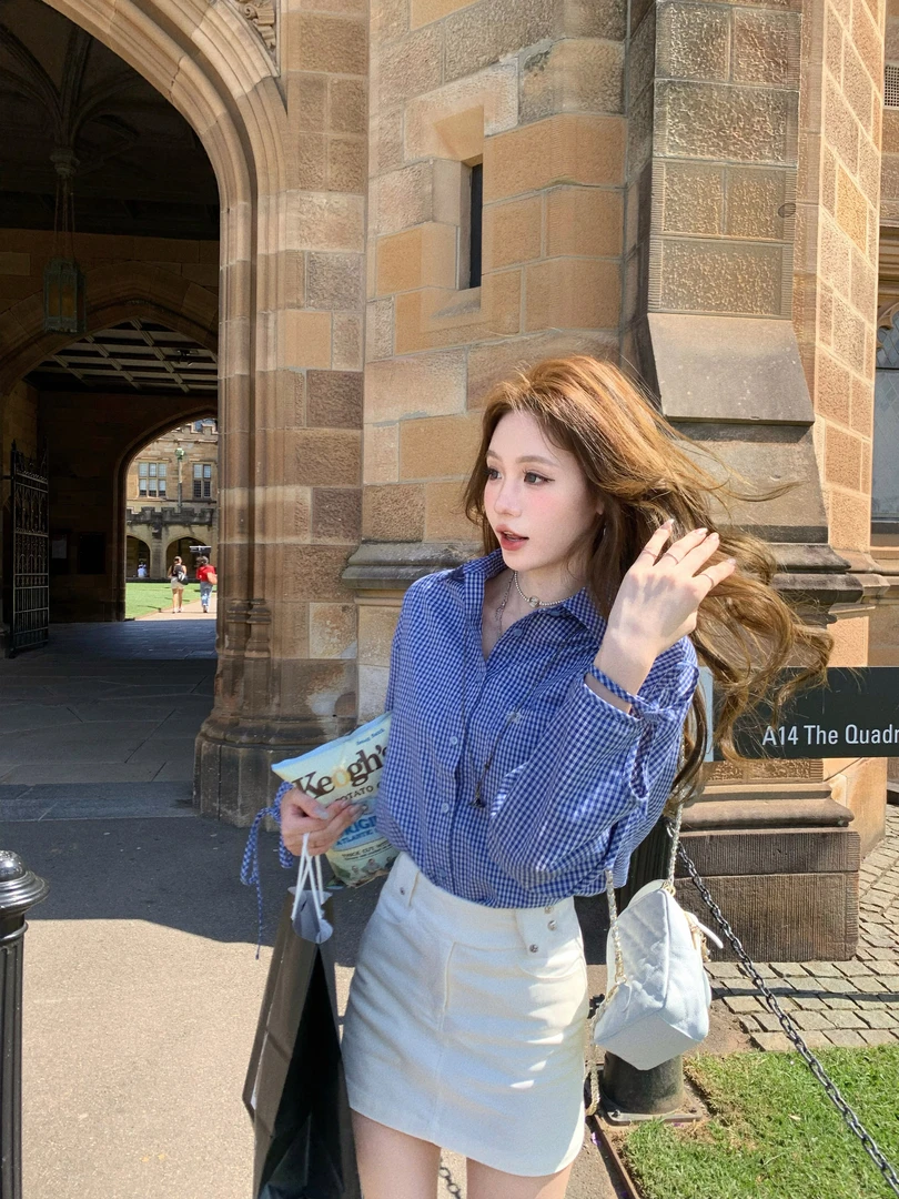 清 八盖pinky piggy 少女与女巫 韩系格纹/条纹蝴蝶结刺绣衬衫女