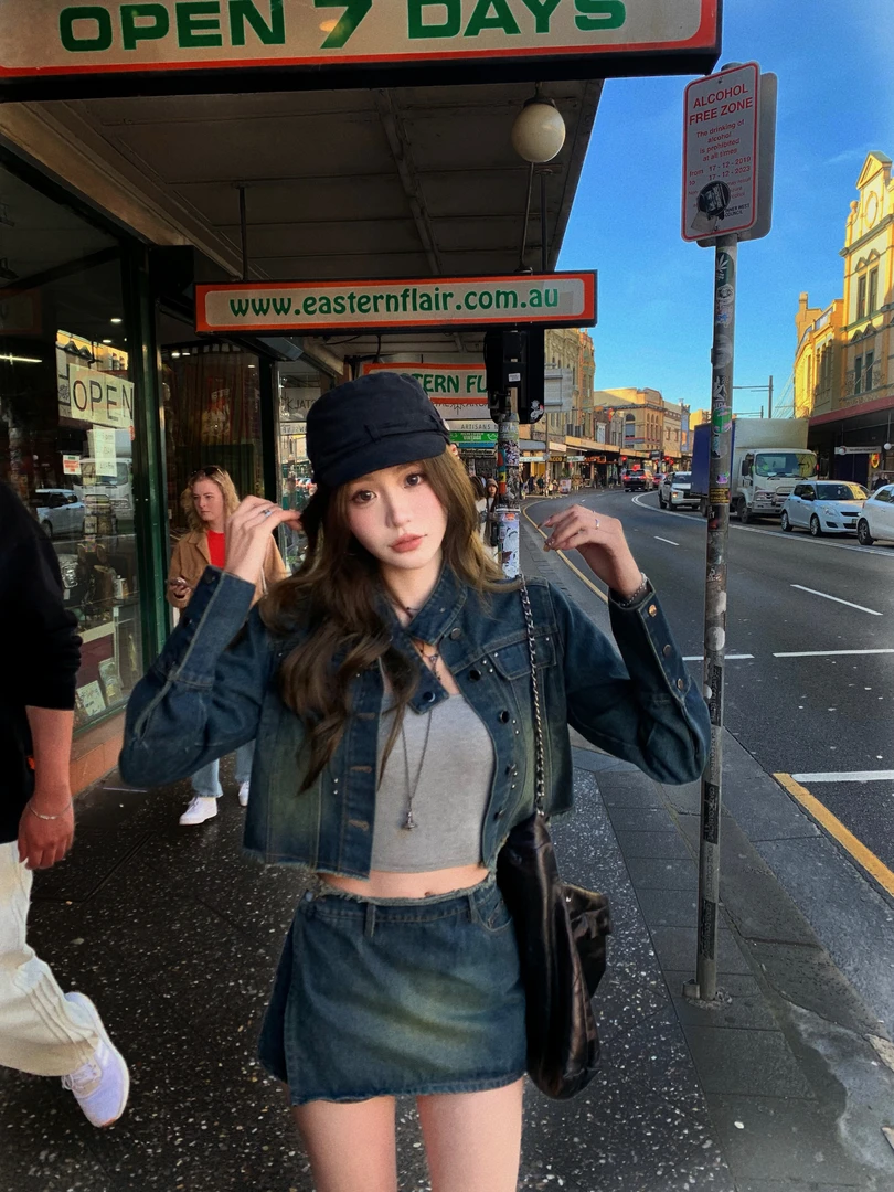 八盖pinky piggy 再回叛逆期美式复古牛仔套装女短外套高腰半裙