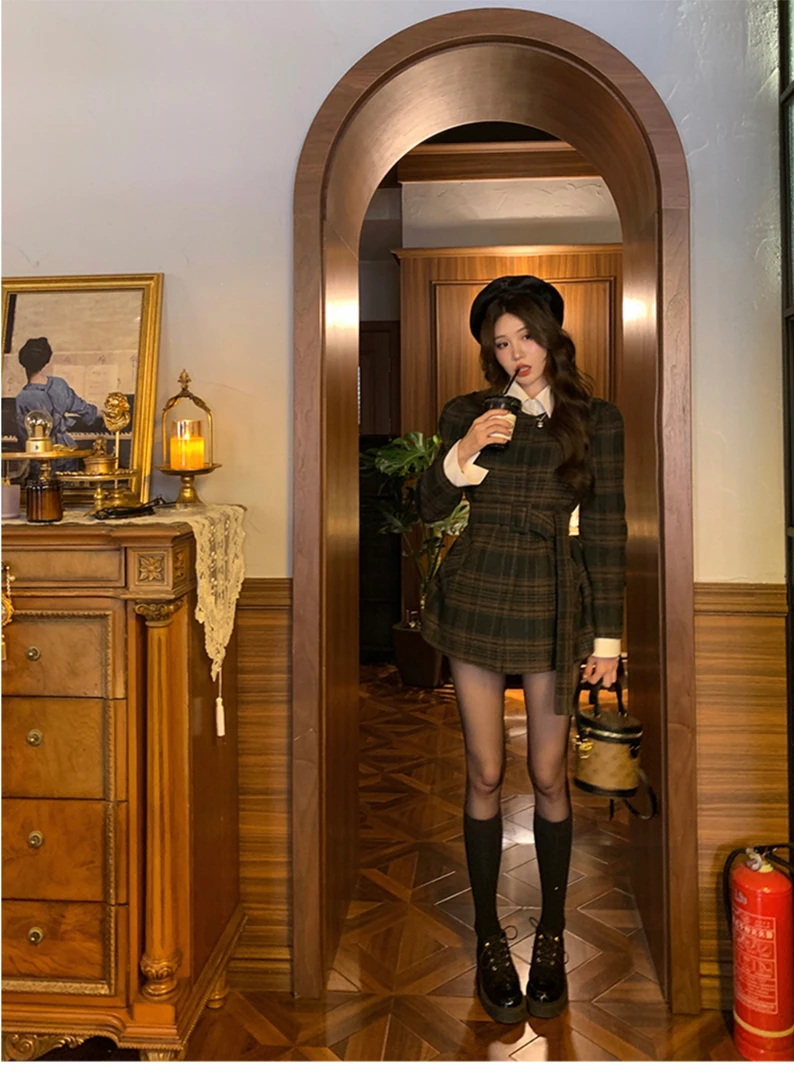 八盖pinky piggy 黄金比例法则 韩系假两件秋冬格纹毛呢外套上衣
