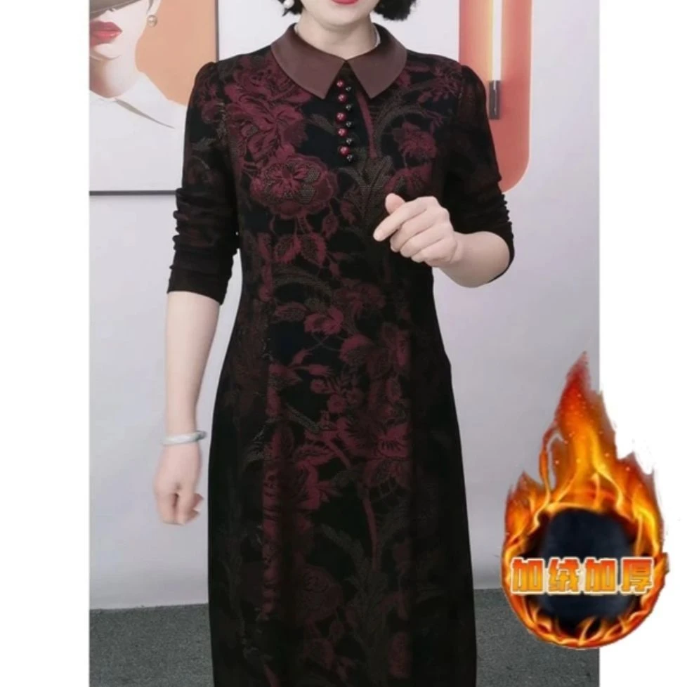 洋气减龄秋冬加厚加绒保暖收腰长袖娃娃领连衣裙弹力修身显瘦长裙