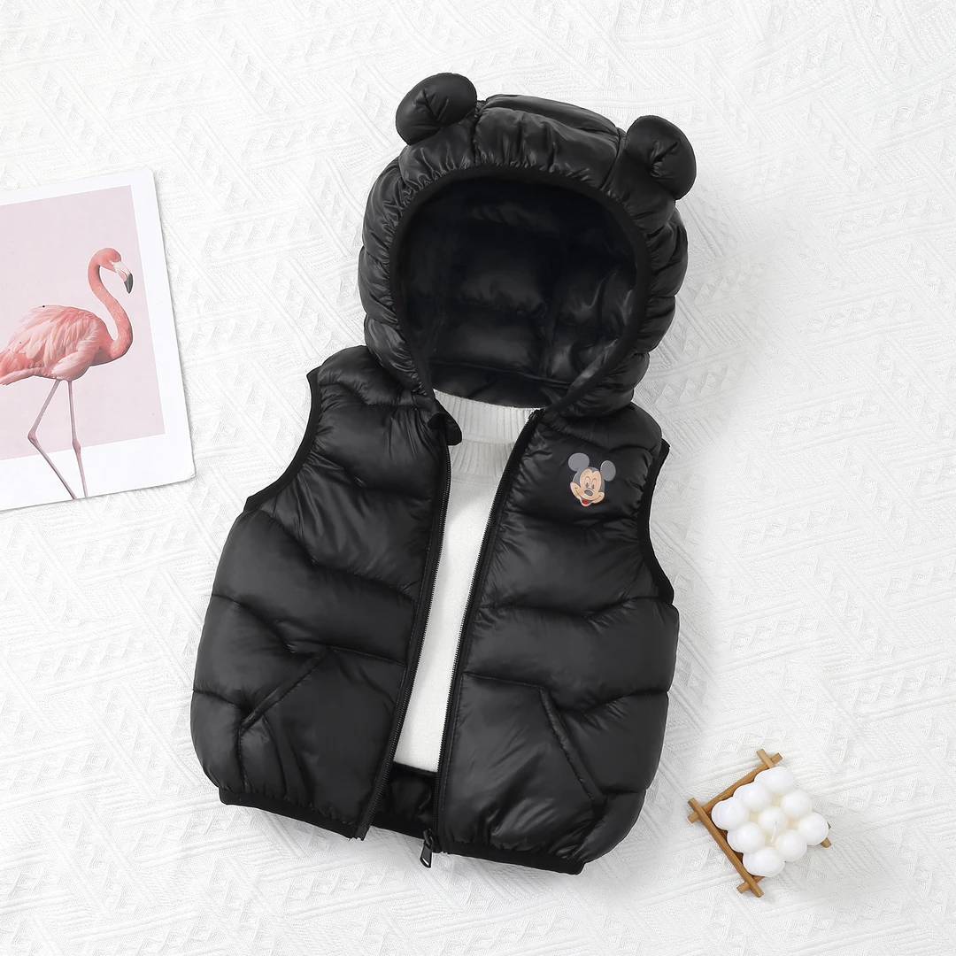 米奇亮灯秋冬款男童亮面防污女童卡通连帽儿童马甲宝宝冬季外套潮