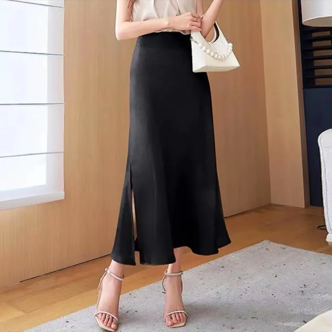 缎面裂纹鱼尾半身裙夏季中长款高级感高腰开叉包臀裙891