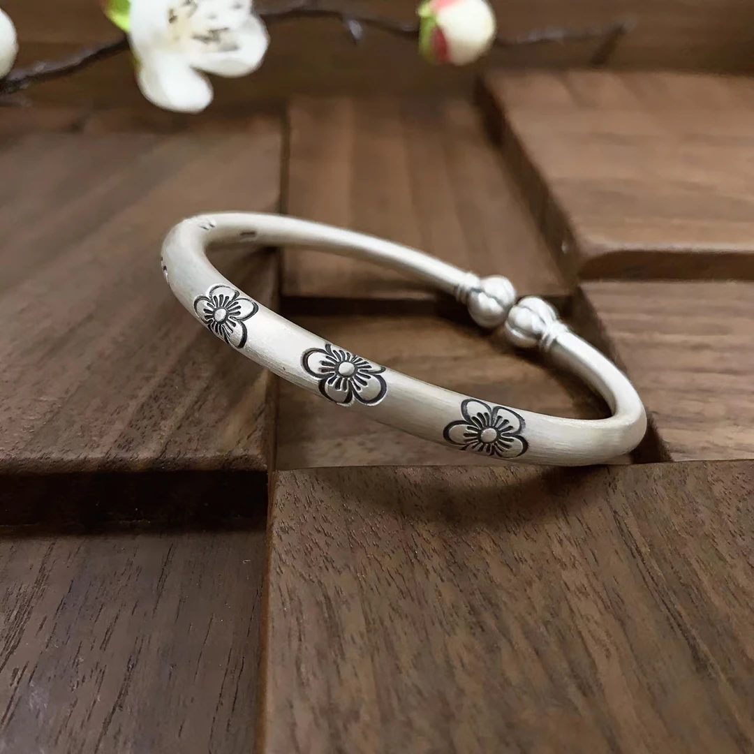 足银手镯 南瓜头手镯梅花古法錾刻实心足银9999纯银开口马蹄手镯