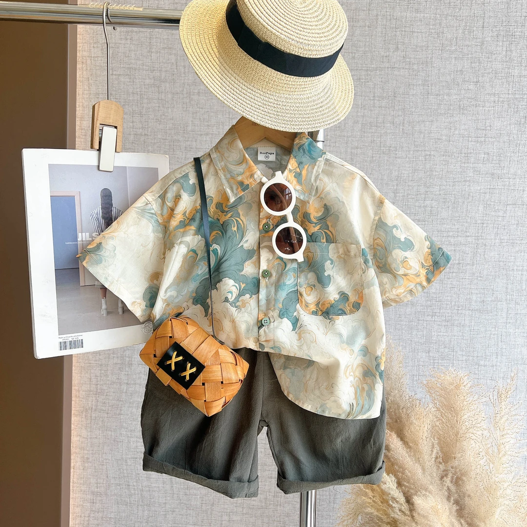 【遇见神鹿】海浪图绘短袖套儿童时尚夏款老花拼接短袖衬衫套装