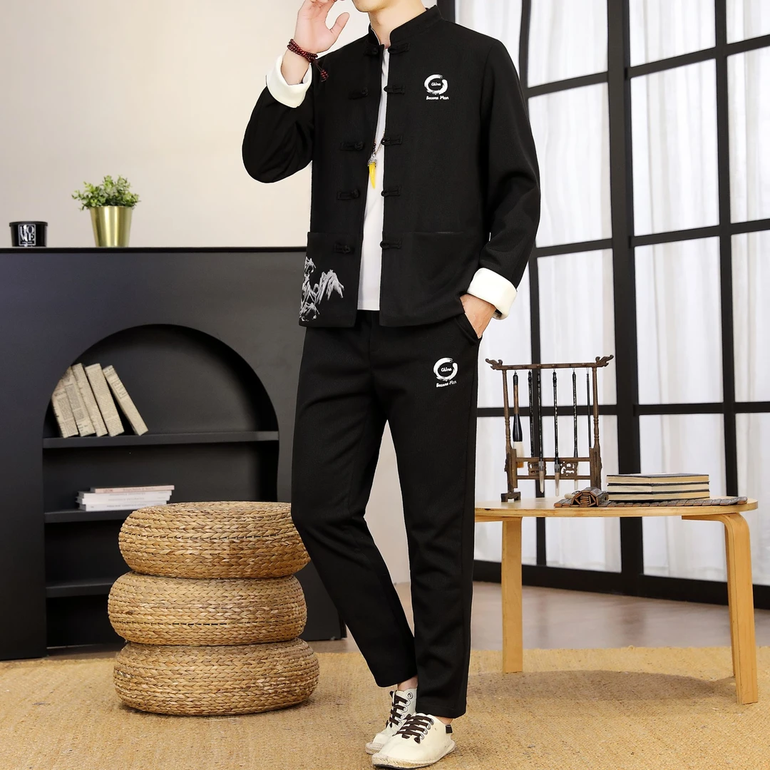 春秋季新款男士中国风中山装套装国潮复古新中式盘扣宽松大码唐装