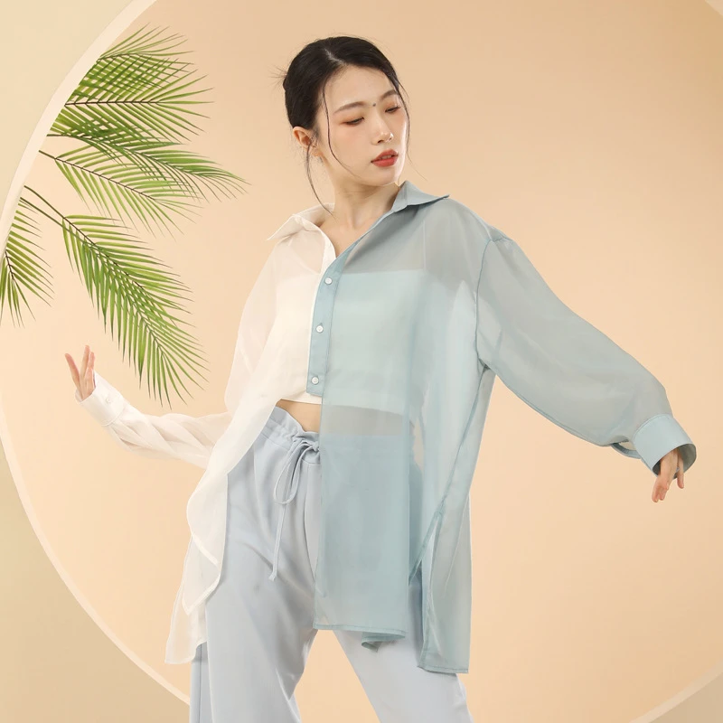 双拼色宽松性感现代舞演出服后开叉练功服现代芭蕾舞衬衫艺考舞服
