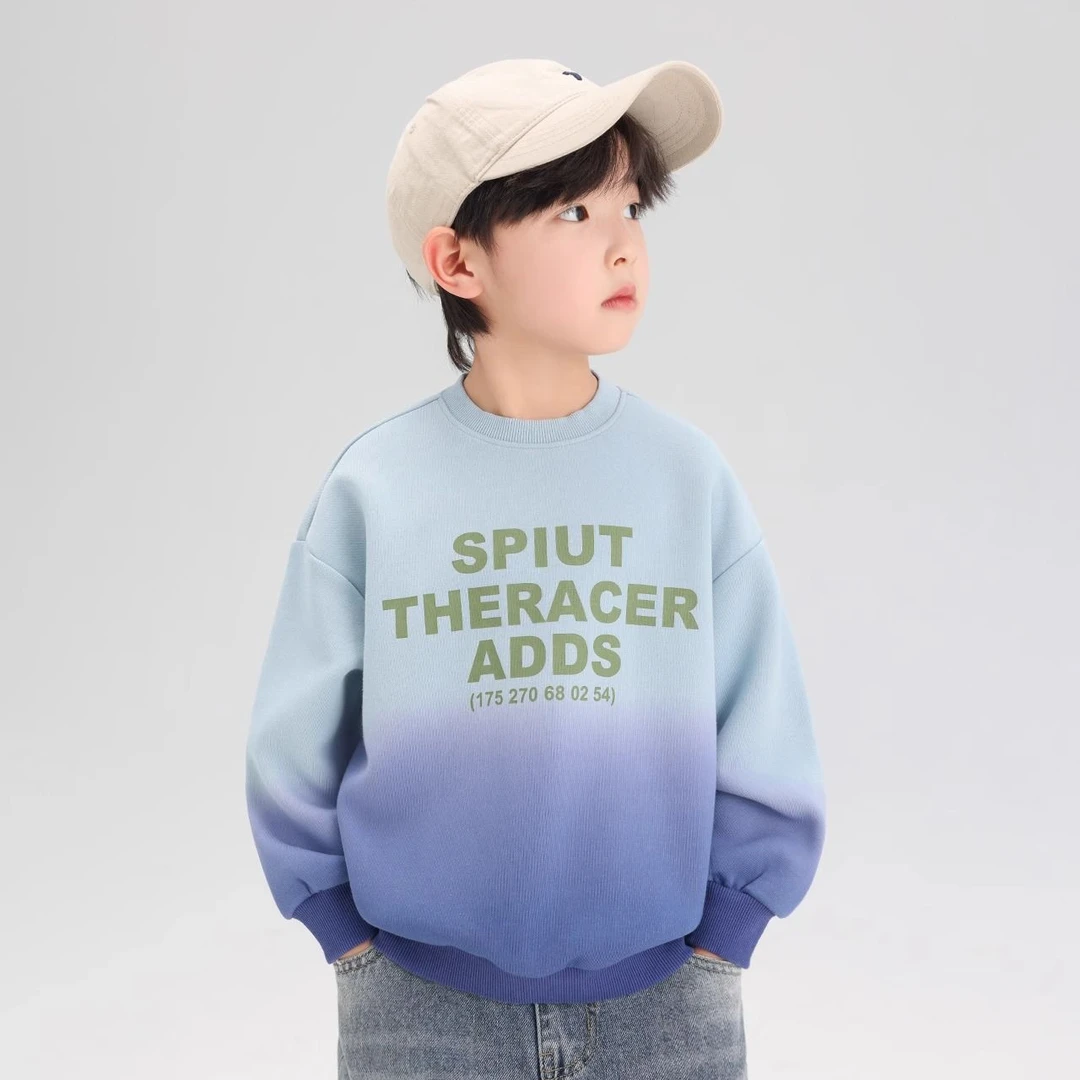 男童卫衣蓝色渐变字母薄款春秋季中大童宽松外穿圆领打底衫上衣潮