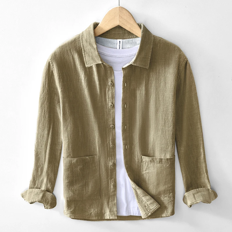 春秋季新款苎麻薄纯色简约上衣休闲夏布衣服舒适棉麻长袖衬衫男
