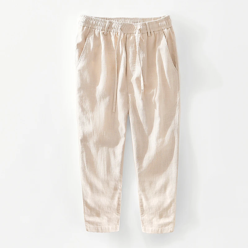 春秋爆款麻料薄款透气时尚舒适长裤宽松纯色棉麻直筒裤复古男装男