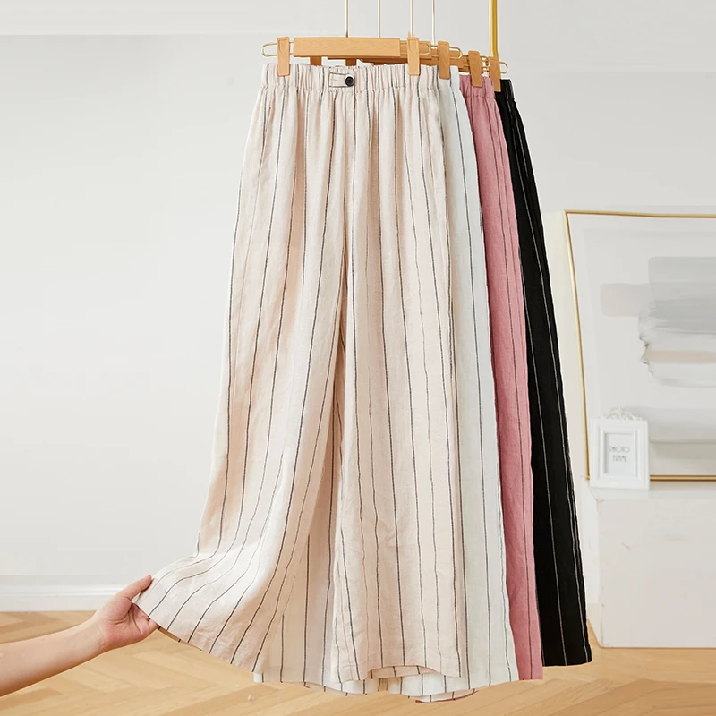 亚麻直筒阔腿裤女夏2023新款高腰时尚竖条纹休闲裤宽松慵懒垂感裤