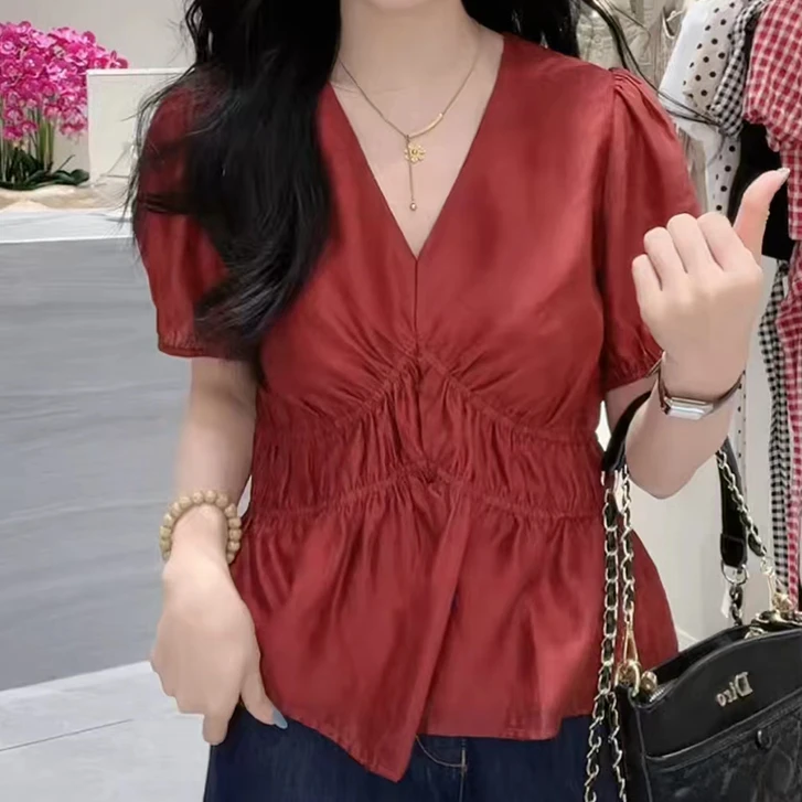 2936高级感显瘦收腰纯色V领短袖衬衫夏新款宽松洋气百搭别致上衣