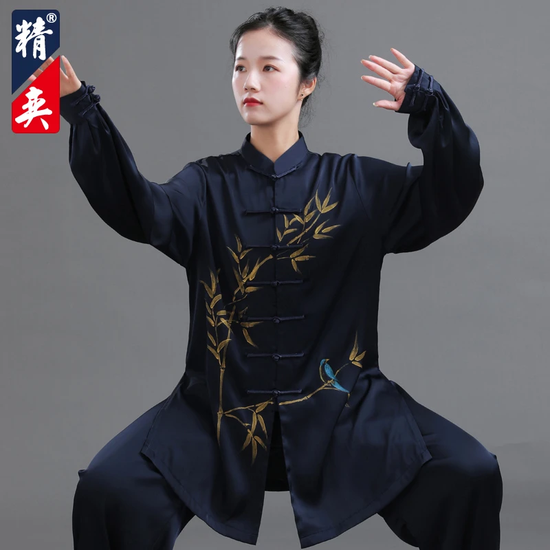 精奕太极服女新款高端手绘竹叶太极拳练功服男武术表演训练服春夏
