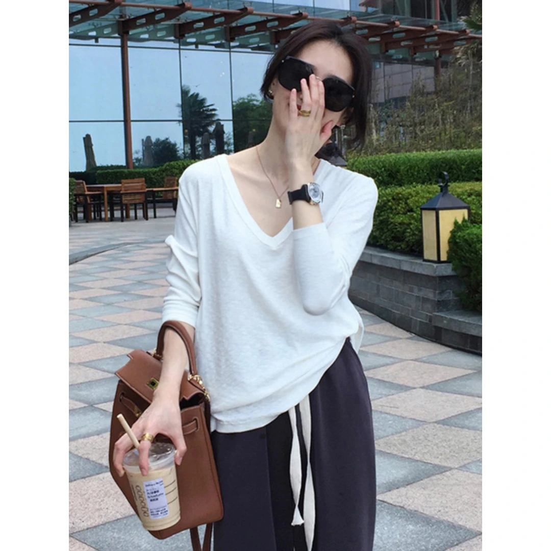 竹节棉V领白色薄款长袖t恤女2024年春秋款宽松纯棉小众显瘦上衣