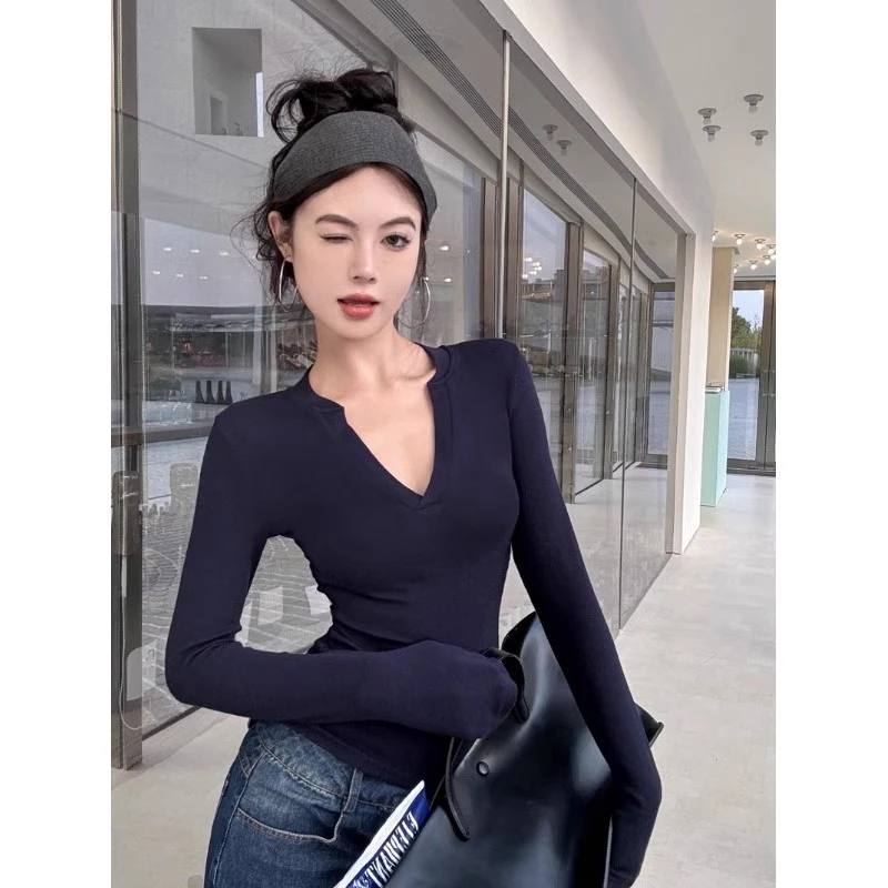 性感心机半开领长袖T恤女冬季2024新款弹力紧身显瘦纯色内搭上衣