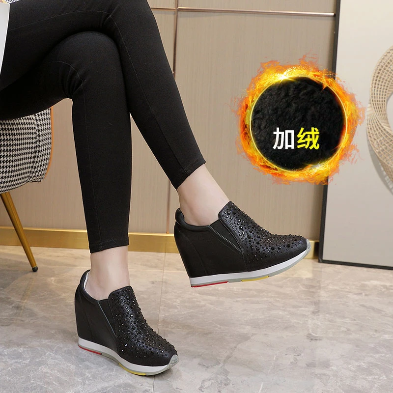 艾淇透气内增高女鞋2024新款加绒一脚蹬女鞋高跟鞋坡跟百搭防滑女