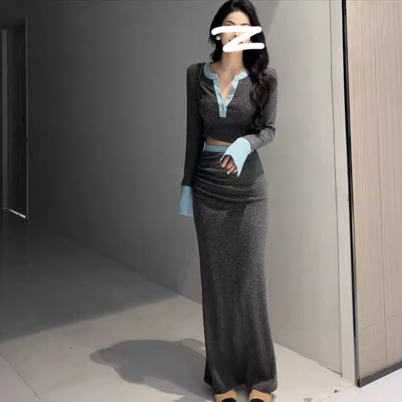 秋冬绒感气质套装优雅百搭上衣加半身裙两件套长款直筒裙长裙