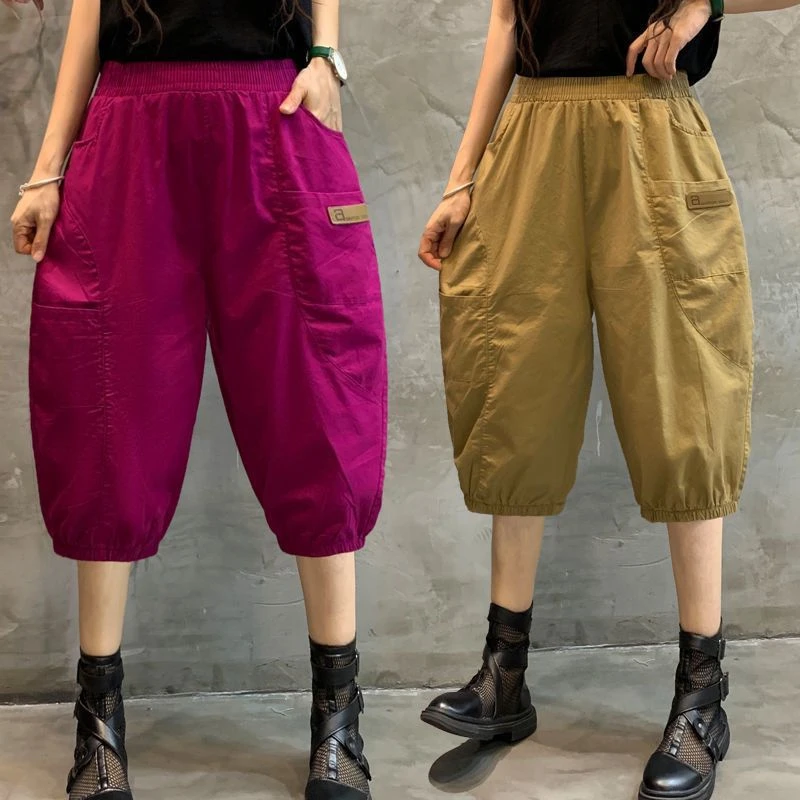 松紧腰时尚纯色六分裤休闲工装裤女夏宽松瘦版阔腿灯笼冰棉萝卜裤