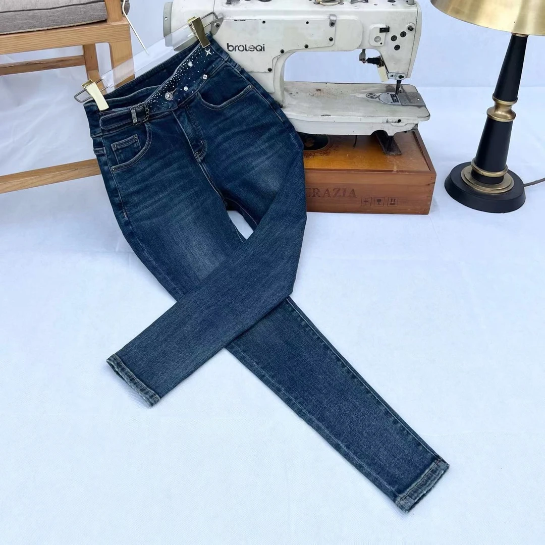 H加绒小脚牛仔裤帕拉塑形铅笔裤曲线美重工钉珠镶钻秋冬新款6920