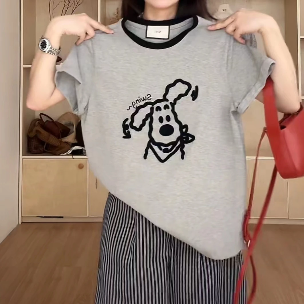 外贸品质【刺绣-大耳狗】宽松校园风减龄纯棉短袖T恤女24129