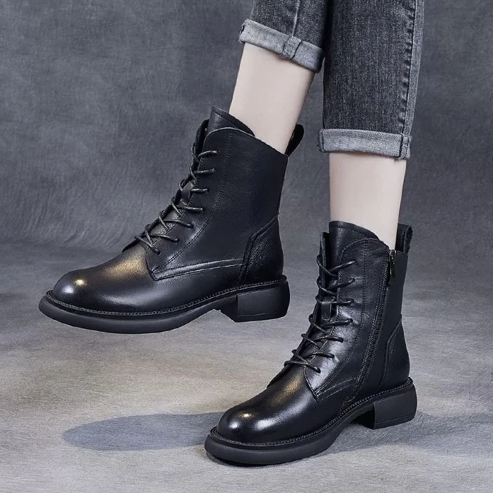 秋冬新款百搭韩版舒适圆头中跟马丁靴女鞋