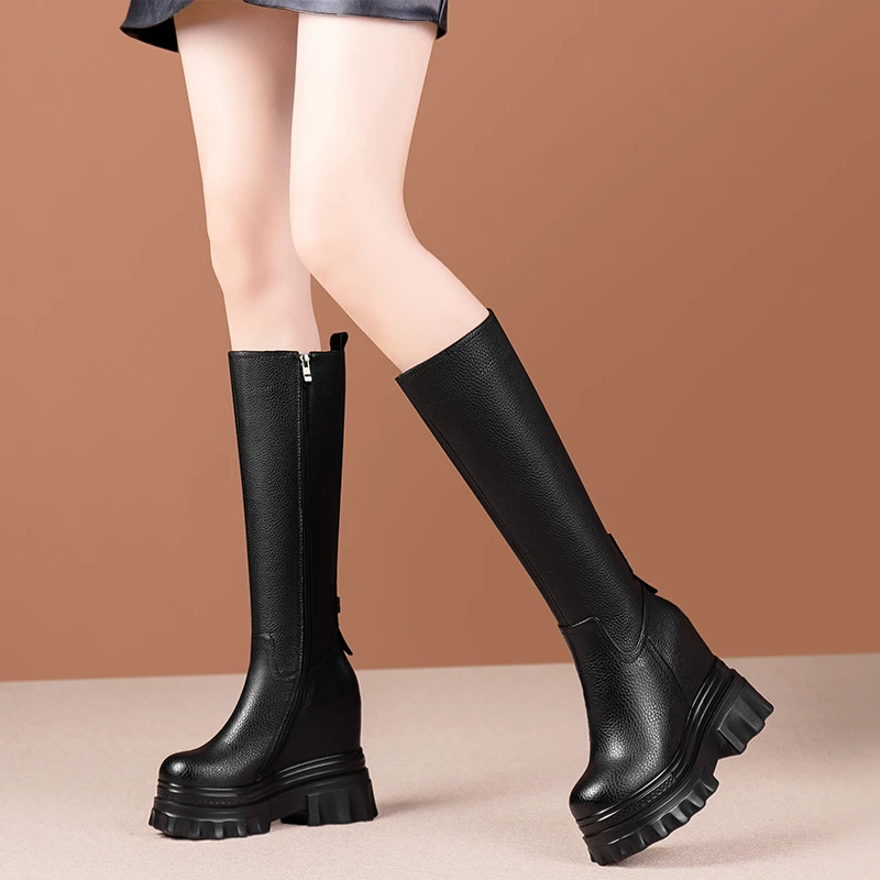 欧美风秋冬新款圆头小个子必备时装靴百搭长靴真皮高筒靴气质女靴