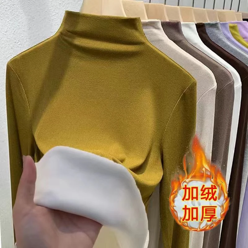 啄木鸟2023加绒加厚内搭半高领打底衫长袖T恤上衣秋冬季百搭衣新