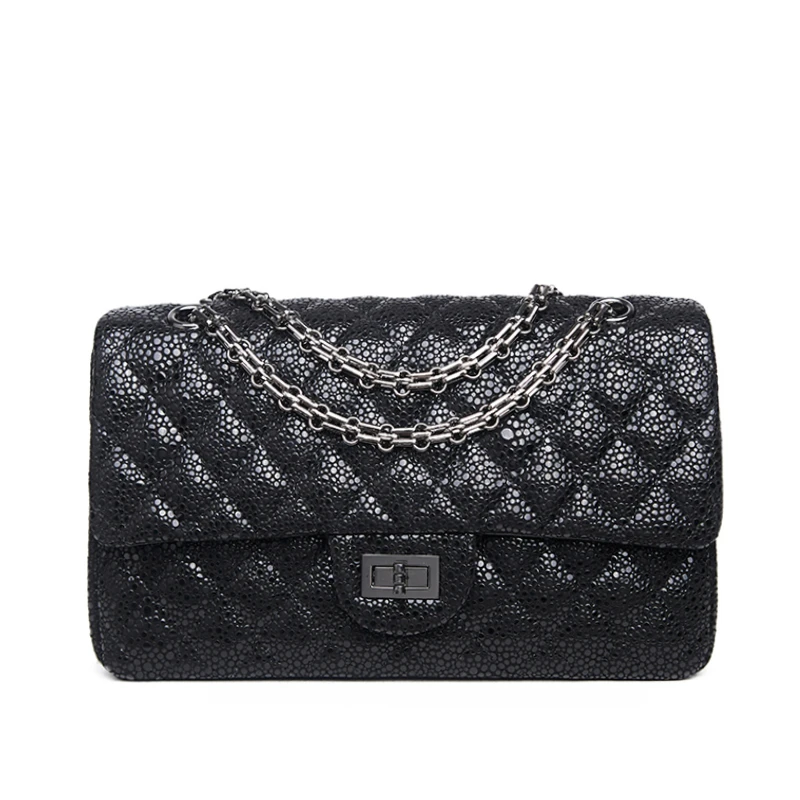 珍珠鱼牛皮女包真皮包包女2023新款潮小香风菱格链条包单肩斜挎包