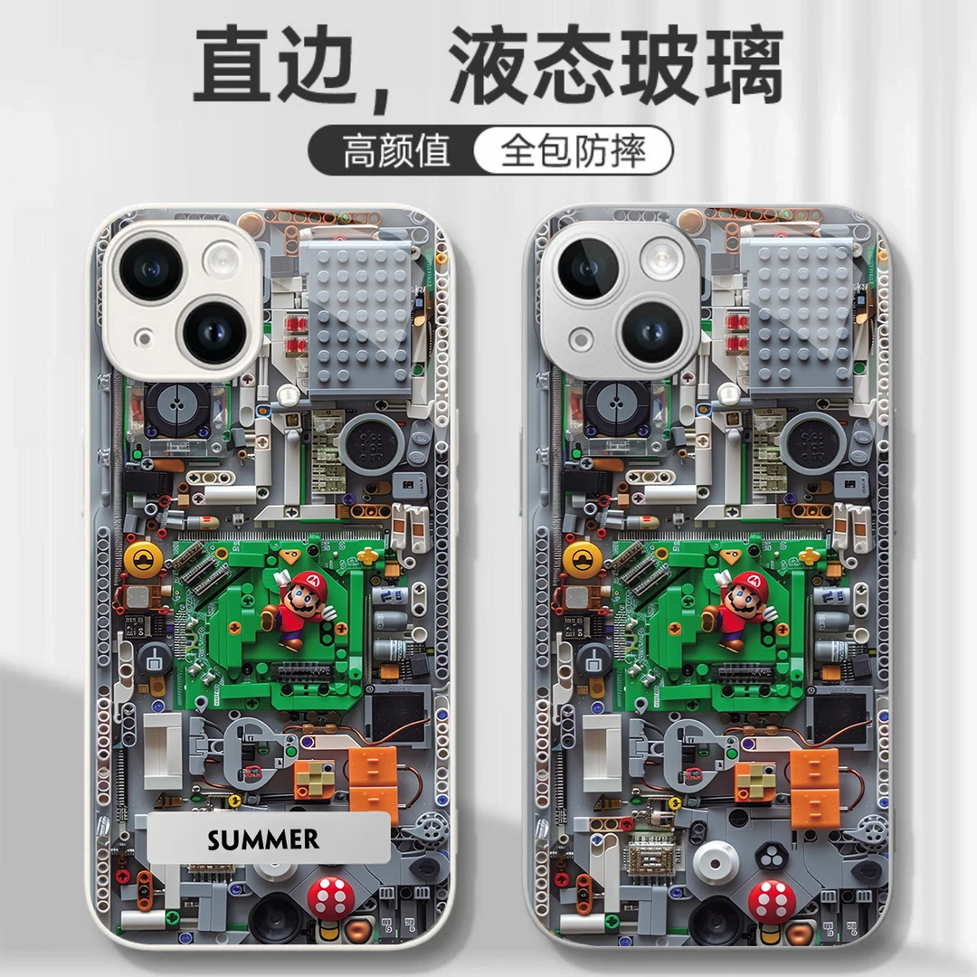 马里奥电路板玻璃壳适用苹果15/iPhone14动漫防摔高级手机壳