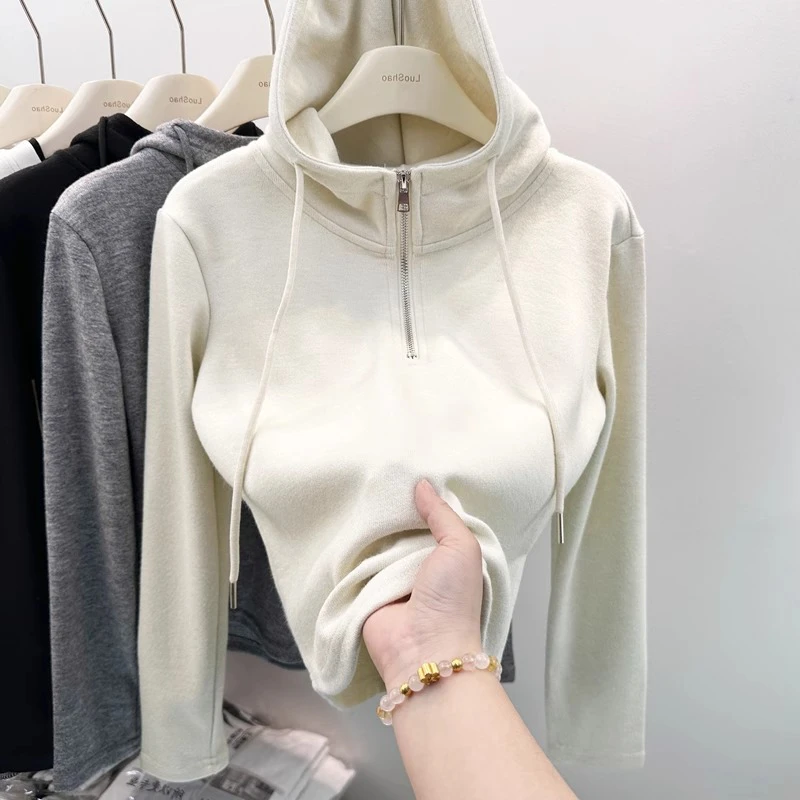 保暖半拉链短款连帽卫衣外套女春秋季内搭打底衫磨毛加厚德绒上衣