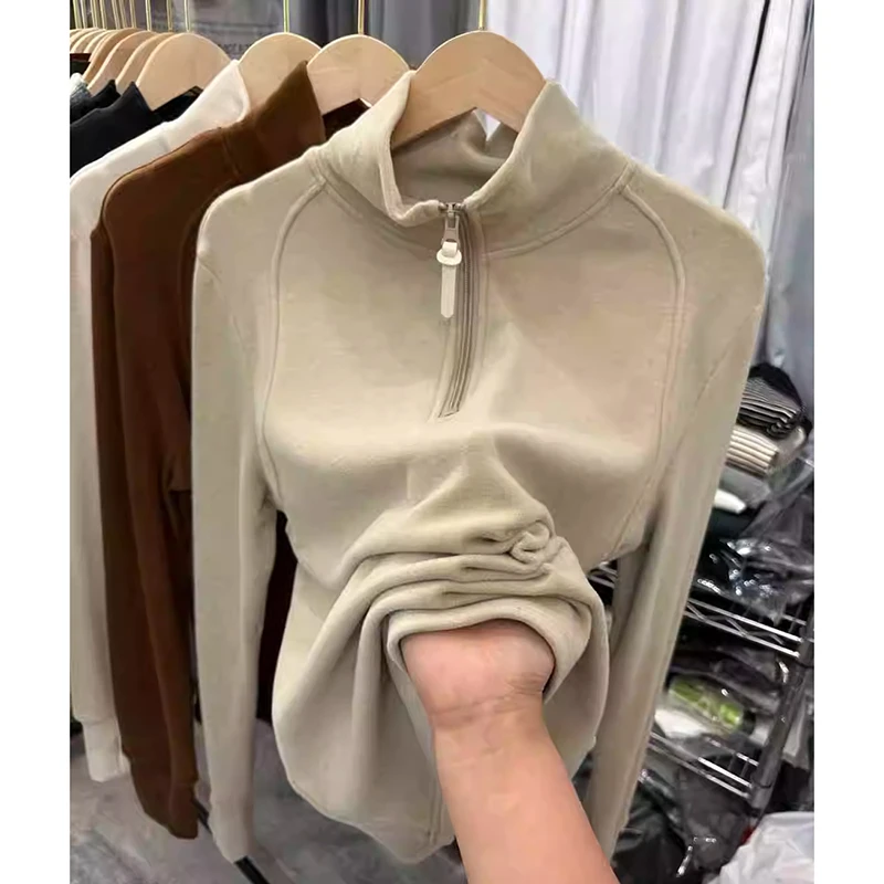 春秋装半高领拉链长袖T恤女保暖内搭加厚德绒打底衫大码宽松上衣