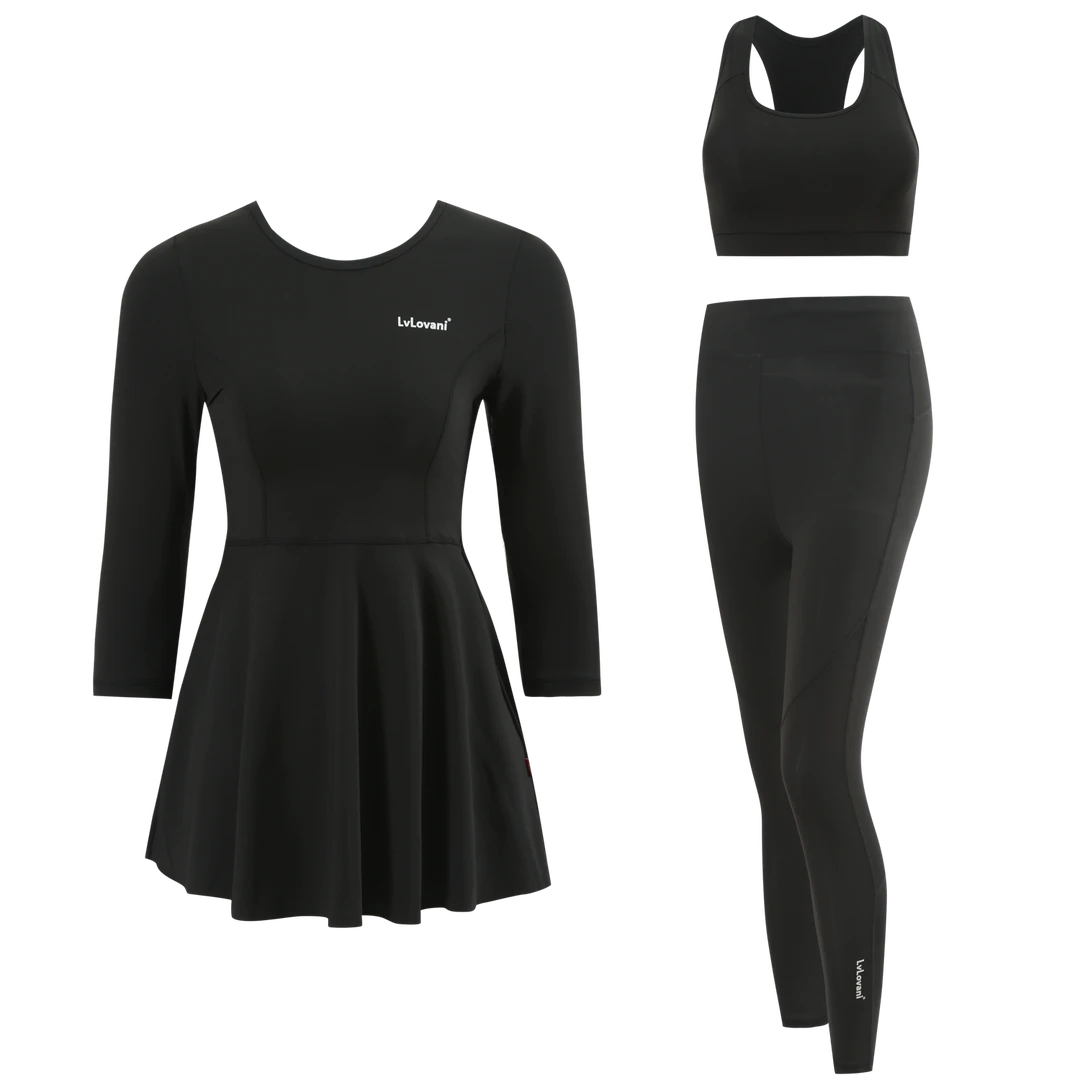 大码瑜伽服健身衣跑步运动服时尚女士黑色速干遮肚保守三件套