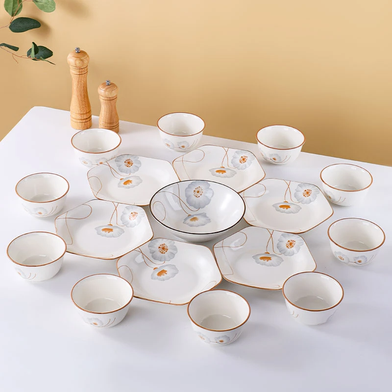 岁月静好高颜值六角盘+1汤碗+10碗家用新款餐具碗盘拼盘六角盘子